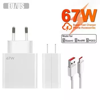 Зарядное устройство 67 Вт для быстрой зарядки USB C для Xiaomi Mi 13 11 Redmi Note 9 10 12 Turbo 11 A1 A2 Poco X5 F5 Pro USB Type C кабель аксессуары для телефонов EU Charger