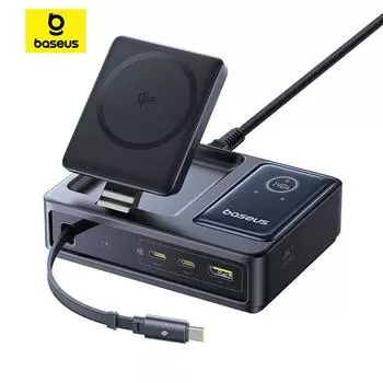 Зарядное устройство Baseus NOMOS 5-в-1 для настольного компьютера, 140 Вт, беспроводная зарядка Qi2 + выдвижной кабель + цифровой дисплей, многофункциональное зарядное устройство чёрный