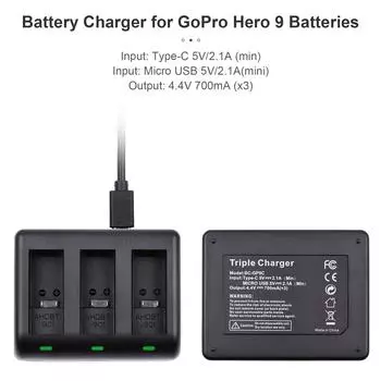 Зарядное устройство для экшн-камеры, 3 слота, быстрая зарядка, разъем Micro USB и вход TypeC, замена для чёрный