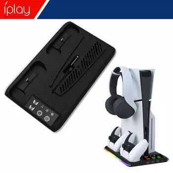 Зарядное устройство для двух контроллеров IPLAY для консоли Playstation 5, 3 уровня регулировки скорости вращения вентилятора, 3 USB-концентратора HA-8008 белый