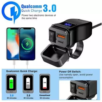Зарядное устройство для мотоцикла, двойной USB QC3.0, быстрое зарядное устройство, адаптер питания с переключателем, водонепроницаемый цифровой вольтметр, аксессуар для мотоцикла Dual QC3.0