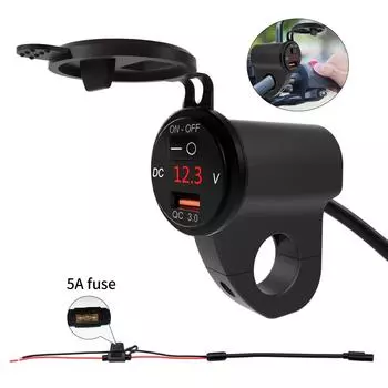 Зарядное устройство для руля мотоцикла 12 В, 2,4 А, USB-адаптер с цифровым вольтметром, подходит для рулей 22–26 мм 7.1*6.1*2.2cm чёрный