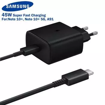 Зарядное устройство Samsung 45 Вт для сверхбыстрой зарядки Type-C с кабелем для Samsung Galaxy S24 Ultra Z Fold6 Z Fold 6 для iPhone 15/16 серии EU Plug чёрный