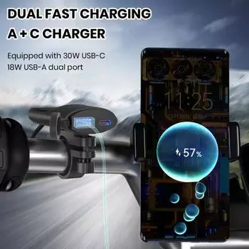 Зарядное устройство для телефона на мотоцикле, крепление на руль, быстрая зарядка PD USB QC3.0, 12-24 В, универсальный адаптер для зарядки мобильного телефона на мотоцикле для iPhone для Android чёрный