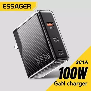 Зарядное устройство Essager 100 Вт GaN USB Type C для ноутбука 65 Вт PD Быстрая зарядка для планшетов Macbook Быстрая зарядка для iPhone Xiaomi Телефонные зарядные устройства GaN UK Plug белый