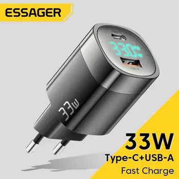 Зарядное устройство Essager 33 Вт GaN USB C, цифровой дисплей, PD, быстрая зарядка для IPhone 14, 13, 12 Max Pro, iPad, зарядное устройство для Xiaomi Poco, Samsung EU Plug белый