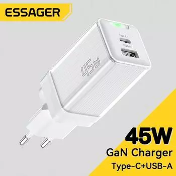 Зарядное устройство Essager 45 Вт GaN USB Type C PD QC 3,0, быстрая зарядка для iPhone 14 13 Pro, Samsung XiaoMi, быстрая зарядка, зарядка для телефона, дорожная зарядка UK GaN 45W белый