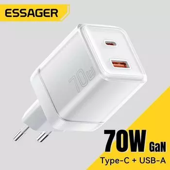 Зарядное устройство Essager 70 Вт GaN PD Charge USB Type C Зарядное устройство Поддержка PD QC PPS Портативное быстрое зарядное устройство для iPhone 15 14 13 Зарядное устройство для ноутбука EU Plug розовый