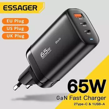 Зарядное устройство Essager GaN 65 Вт USB C Quick Charge 4,0 3,0 QC4.0 QC PD3.0 PD USB-C Type C Быстрое зарядное устройство USB для iPhone 14 13 Pro MacBook US Plug белый