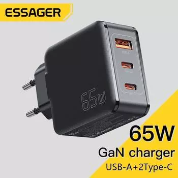 Зарядное устройство Essager PD65W GaN, 3 порта, быстрая зарядка 4,0, зарядное устройство USB C для iPhone 14, 13, 12 Pro Max, зарядное устройство для Xiaomi, Samsung, iPad Pro KR Plug чёрный
