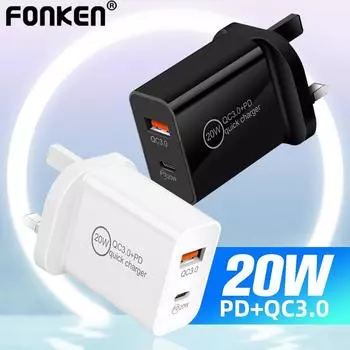 Зарядное устройство Fonken USB 20 Вт PD Type C QC3.0 Адаптер UK Plug Быстрая зарядка для телефона Дорожное настенное быстрое зарядное устройство белый