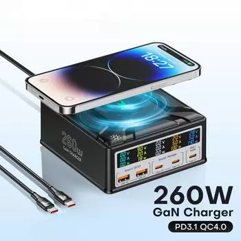 Зарядное устройство GaN 260 Вт, настольное зарядное устройство USB Type C с цифровым дисплеем, зарядное устройство 140 Вт PD3.1 PPS QC4.0, быстрое зарядное устройство для ноутбука, планшета, телефона EU PLUG