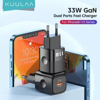 Зарядное устройство KUULAA USB C 33 Вт GaN Type C PD, быстрая зарядка для iPhone 13 12 11 Max Pro XS 8 Plus для iPad Air 4 iPad 2021 Mini UK plug-C-L Cable чёрный