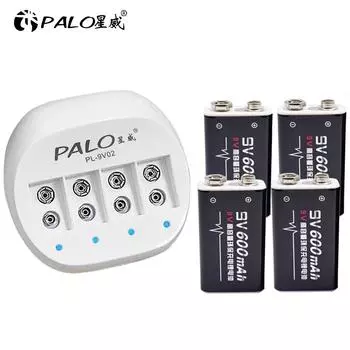 Зарядное устройство Palo, 4 слота, 9 В, умный светодиодный дисплей для литиевой батареи 9 В, 6f22 + 4 шт., литий-ионная аккумуляторная батарея 9 В, 600 мАч US plug