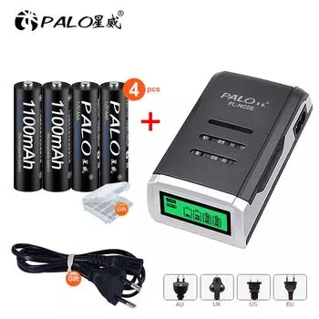 Зарядное устройство PALO с 4 слотами для ЖК-дисплея для Ni-MH аккумуляторов AA/AAA 1,2 В + NIMH-аккумулятора AAA 1100 мАч AAA 4Pcs+Charger