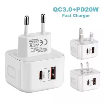 Зарядное устройство PD для европейской версии, 20 Вт, головка для быстрой зарядки, тип C + двойной USB, предназначено для заполнения манометра Apple по европейским правилам. EU белый