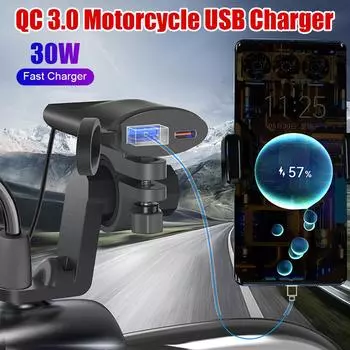 Зарядное устройство QC 3.0 USB Type-C 30 Вт 12 В-24 В USB-зарядное устройство для мотоцикла, крепление на руль, зеркало заднего вида, разъем Type-C, быстрая зарядка для цифрового телефона с камерой чёрный