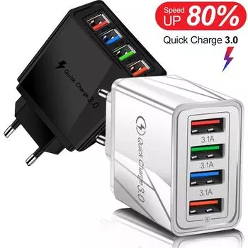Зарядное устройство с 4 USB-разъемами ЕС и США, быстрая зарядка 3,0 для адаптера телефона для iPhone 14 Pro Max, портативного настенного мобильного зарядного устройства для планшета US Plug белый