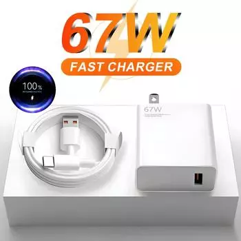 Зарядное устройство Turbo Fast Wall Charger US 6A 67W для Xiaomi 10 11 12 13T Redmi Note 9 10S 11T 12 POCO F5 X3 X4 X5 Pro USB-кабель для зарядки Type-C US Plug - 1m Cable