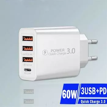 Зарядное устройство USB 60 Вт, адаптер для быстрой зарядки мобильного телефона, адаптер для настенного зарядного устройства быстрой зарядки 3,0 для iPhone, Samsung, Xiaomi, Huawei