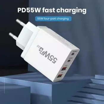 Зарядное устройство USB C, 4 порта, тип C, 55 Вт, многопортовая настенная розетка, быстрая зарядка, адаптер питания