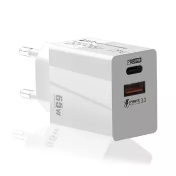 Зарядное устройство USB C мощностью 65 Вт, блок питания USB-C, зарядное устройство на 2 порта с быстрым адаптером QC 3.0 PD 3.0 GaN для MacBook Pro Air iPhone 13 12 Pro EU White