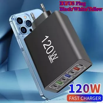 Зарядное устройство USB C с несколькими портами, 120 Вт, быстрая зарядка, тип C, адаптер для настенного зарядного устройства для iPhone 15 16, Samsung, Xiaomi, вилка EU/US EU Plug Yellow