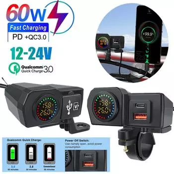 Зарядное устройство USB для мотоцикла мощностью 60 Вт с вольтметром и термометром — быстрая зарядка QC3.0 и PD Dual QC3.0