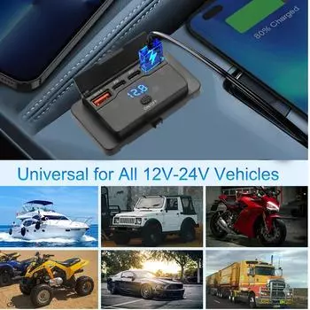 Зарядное устройство USB для поверхностного монтажа 12-24 В с ЖК-дисплеем, двумя портами QC3.0 и PD для морского навигационного GPS-оборудования и электроники, серый