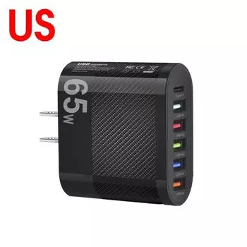 Зарядное устройство USB PD 65 Вт 6 портов Адаптер зарядного устройства USB Type C Быстрая зарядка 3.0 Быстрая зарядка для iPhone 14 Samsung Xiaomi Мобильный телефон Black US