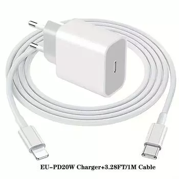 Зарядное устройство USB PD для iPhone 20 Вт, подходит для iPhone 14, 13, 12, 11, Pro Max, Mini, iPad, зарядное устройство для планшета XR, X, XS, быстрое зарядное устройство с кабелем передачи данных EU
