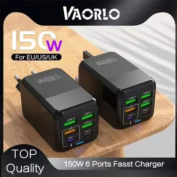 Зарядное устройство VAORLO 150 Вт, 4 USB + 2PD, суперзарядное устройство для вилки EU, US, UK, совместимое с большинством протоколов зарядки QC3.0, быстрое зарядное устройство For EU чёрный