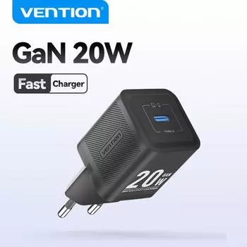 Зарядное устройство Vention 20 Вт GaN PD Fast USB Type C Зарядное устройство USB C PD3.0 QC3.0 Быстрая зарядка для iPhone 15 14 13 12 Зарядное устройство для мобильного телефона EU Plug чёрный