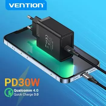 Зарядное устройство Vention USB C, 30 Вт, зарядное устройство типа C для iPhone 13, 12, портативное зарядное устройство для быстрой зарядки телефона для Samsung S20, Xiaomi PD, зарядное устройство чёрный