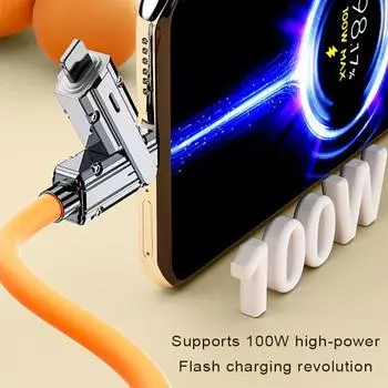 Зарядный кабель 100 см, 4-в-1, USB Type-C, 8 контактов, 100 Вт, 480 Мбит/с, быстрая зарядка мобильного телефона, планшета, силиконовый кабель для передачи данных из цинкового сплава, проводной шнур оранжевый
