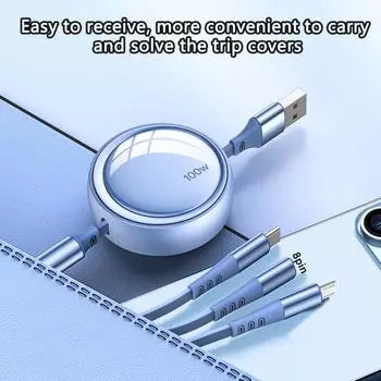 Зарядный кабель 3-в-1, телескопический с защитой от намотки, для быстрой зарядки, USB/8, тип C/выдвижной микроконтакт, 5-ступенчатая регулировка шнура для зарядки 1.2M фиолетовый