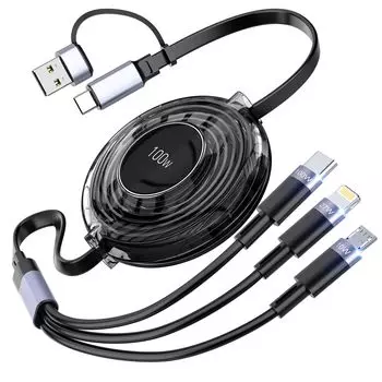 Зарядный кабель 3 в 2, выдвижной тип PD, 3 устройства одновременно, зарядный кабель 3 в 2, сверхбыстрая зарядка, сверхпрочный зарядный кабель для iPhone 15 серии чёрный