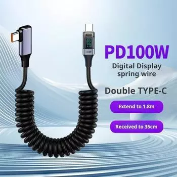 Зарядный кабель с цифровым дисплеем, передача данных 480 Мбит/с, универсальный Type-C, 90-градусный, 100 Вт, пружинный кабель для быстрой зарядки фиолетовый