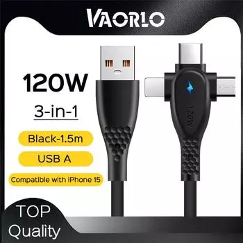 Зарядный кабель VAORLO 3 в 1, супер зарядное устройство 120 Вт, USB/Type-C к Micro/Type-C/IOS, совместимый с iphone 15, кабель для передачи данных, линия быстрой зарядки USB Plug чёрный