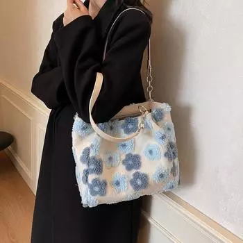Зарубежный заказ большой емкости плюшевая сумка 2024 новая модная женская сумка повседневная универсальная цветочная плюшевая сумка через плечо с косой проймой фиолетовый