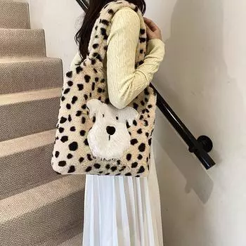 Зарубежный заказ осень-зима новая сумка для волос ретро леопардовый принт женская сумка модная сумка через плечо большой емкости милый плюшевый щенок сумка хаки