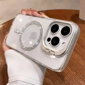 Защита объектива Подставка Блестящий для Magsafe Магнитный чехол для телефона iPhone 16 15 14 11 12 13 Pro Max Беспроводная зарядка Прозрачный чехол iPhone 16 Pro Max чёрный