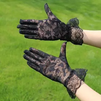 Защита от солнца, солнцезащитные перчатки, прозрачные летние варежки, милые кружевные перчатки с цветочным узором для вечеринки чёрный
