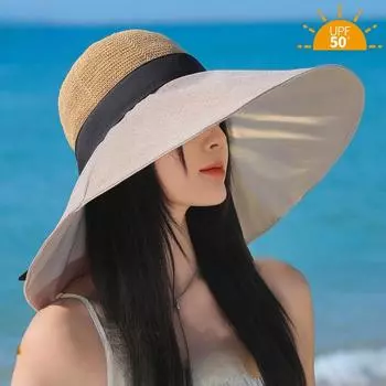 Защита от солнца, защита от ультрафиолета, солнцезащитная шляпа с широкими полями, солнцезащитные козырьки, складной солнцезащитный козырек, шляпа для девочек, пляжные панамы, складные дорожные кепки, шляпа с бантом M56-58cm чёрный