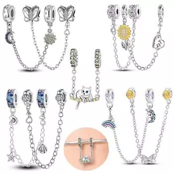 Защитная цепочка, подвески, бусины «Солнце и Луна», подходят для оригинальных браслетов, женские ювелирные изделия «сделай сам», посеребренный браслет в виде бабочки и сердца