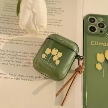 Защитная оболочка для наушников Идеально подходит для наушников, устойчивый к царапинам, перевернутое отверстие для зарядки, литературный принт тюльпана, защитный чехол для наушников, совместимый с Bluetooth for AirPods 1/2 A