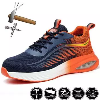 Защитная обувь Мужчины Женщины Рабочие защитные ботинки Обувь со стальным носком Противопрокольная рабочая обувь Мужские рабочие кроссовки на воздушной подушке Легкие модные рабочие ботинки унисекс 45 чёрный