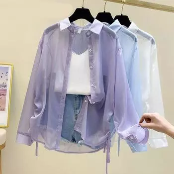 Защитная одежда от солнца, женская летняя тонкая рубашка с длинными рукавами, куртка с жемчужным шифоном, кардиган, рубашка с кондиционером XXXL синий