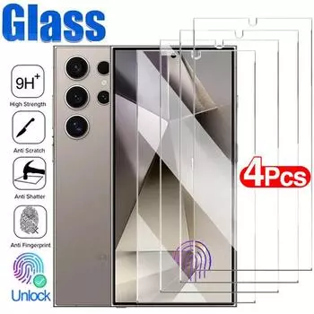 Защитная пленка для экрана для Samsung Galaxy S24 Ultra S23 S22 S21 Plus HD, закаленное стекло, защитные пленки для разблокировки экрана по отпечатку пальца, 4 шт. Note 8 чистый