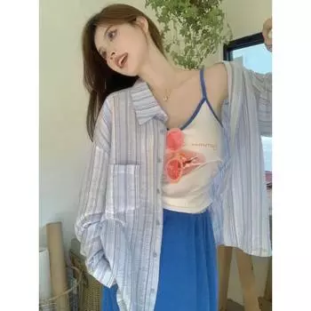 Защитная рубашка от солнца с текстурой и длинными рукавами, новинка 2024 года, женская летняя тонкая маленькая рубашка, верхняя одежда, топ S синий